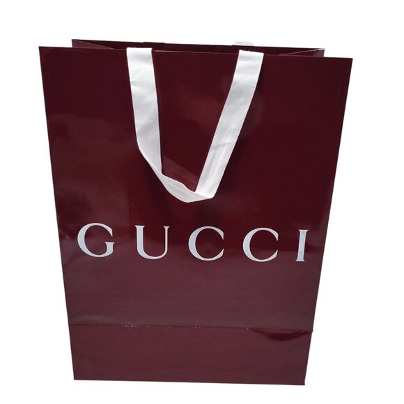 Gucci Red Glossy Gift Bag Reusable Shopping Logo Spell Out Empty 13.75 x 10 in - Picture 1 of 16